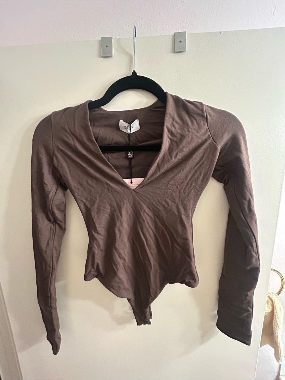 Oh Polly Women's Long Sleeve V-Neck Bodysuit in Brown - brand new with tags